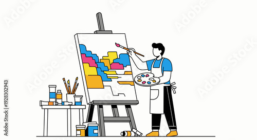 Artist painting on easel creating colorful abstract artwork illustration