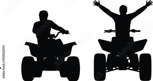 Two Silhouettes of People Riding A T Vs with Different Postures on White Background all-terrain vehicle