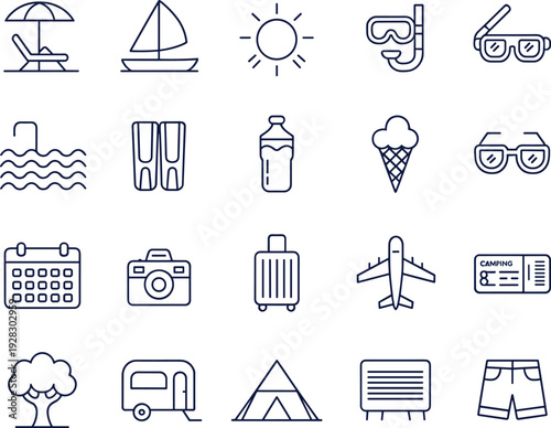 Summer vacation travel line icon set with beach, camping and airplane symbols isolated on white background