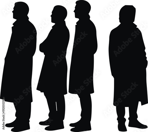Men in coat silhouettes set, standing male figures in overcoat isolated black vector illustration collection