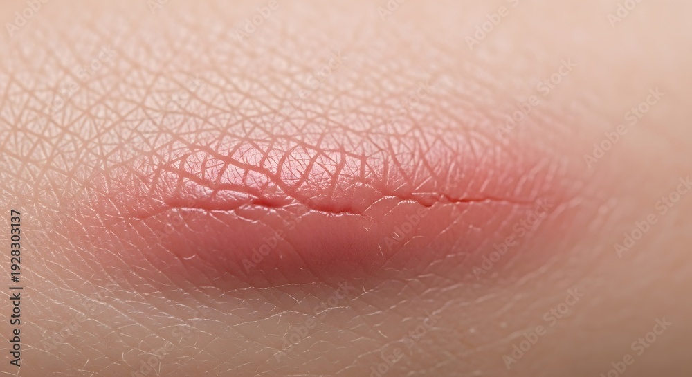 Fototapeta premium Macro photography of an inflamed skin lesion. Red swollen area indicating a boil or infected cyst. Useful for medical publi.