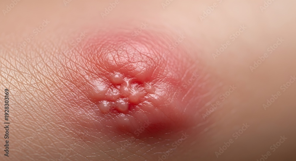 Fototapeta premium Detailed view of shingles blisters (herpes zoster) on a patient. Reddened skin with pustules and painful skin eruption. Ide.