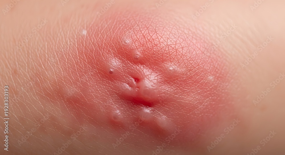 Fototapeta premium Close-up of shingles or herpes zoster symptoms on human skin. Cluster of painful, fluid-filled blisters and red rash. Conce.