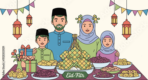Family gathering around a festive food table with decorative lanterns and gifts
