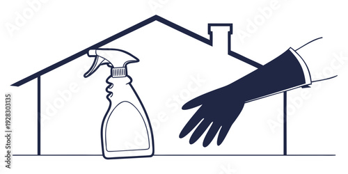 A hand in a glove spraying cleaning solution under a house roof. Vector