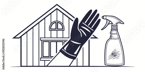 A gloved hand holding a spray bottle in front of a house Vector