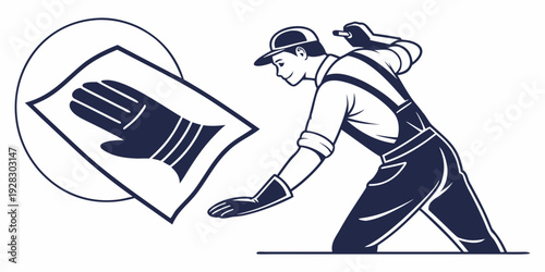 A woman in a blue dress and white apron is holding a broom and dustpan. Vector