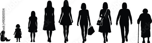 Female life stages silhouette, woman growing from baby to elderly adult, evolution of woman aging process concept
