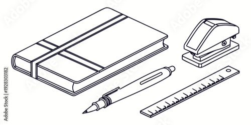 A variety of office supplies including a stapler, ruler, and notebook Vector