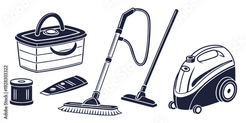 A variety of cleaning tools and supplies arranged on a white background Vector