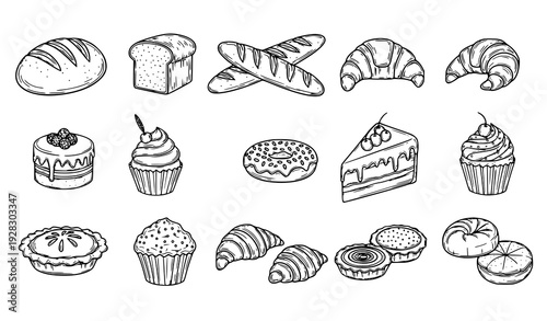 Bakery Vector Icon Set Hand Drawn Bread Pastry Cake Cupcake Illustration