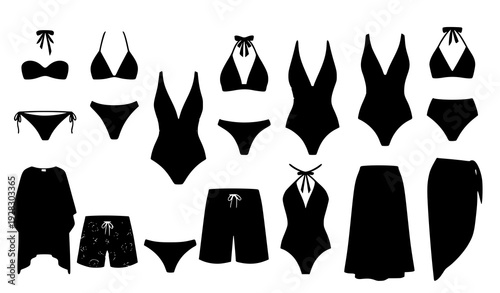 Modern Swimsuits Silhouette Vector Set Fashion Beachwear Collection