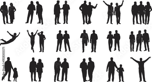 People group silhouettes set, men women and family standing poses, social interaction isolated black vector illustration collection
