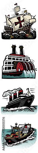 Woodcut illustration showing the evolution of ships through history — from sailing vessels to modern cargo ships. Vintage maritime artwork symbolizing exploration, trade, and nautical progress.