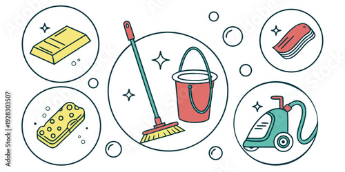 A whimsical illustration of various objects floating in a dreamy, abstract setting. Vector