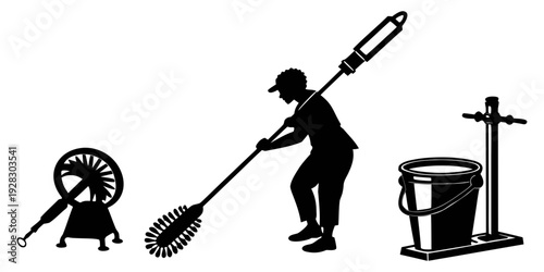 A person cleaning a floor with a mop and bucket, with a broom and dustpan nearby. Vector