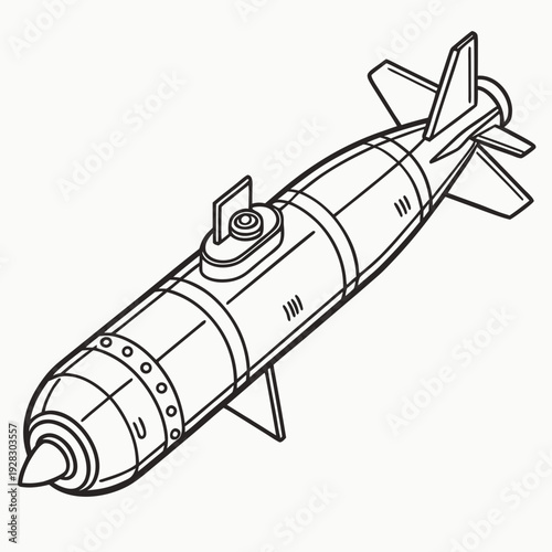 Streamlined torpedo with fins and guidance system black and white