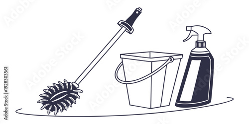Cleaning tools including a broom, dustpan, bucket, and spray bottle Vector