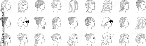 Female profile avatar icon set with diverse hairstyles, side view women portraits, fashion accessories, buns, braids, and waves