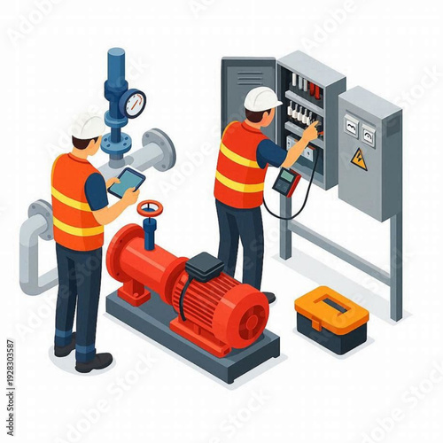 Industrial Engineer Inspecting Electric Pump System Maintenance Isometric Vector Illustration