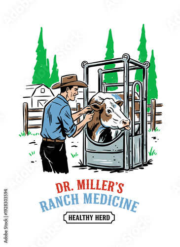 Cowboy veterinarian examining cow in squeeze chute, vintage hand-drawn vector illustration for ranch medicine, livestock health branding.