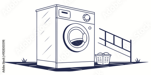 A washing machine sits outside next to a set of stairs, with a basket of clothes nearby. Vector