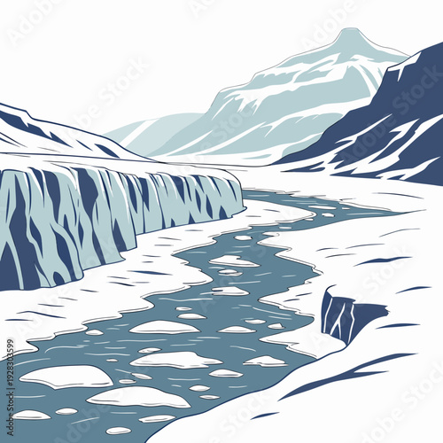 Frozen river flowing through snowy mountain landscape with icebergs