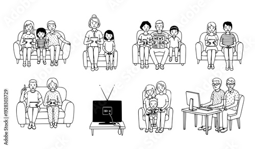 Hand Drawn Vector People Watching TV or Computer Outline Home Doodles Set