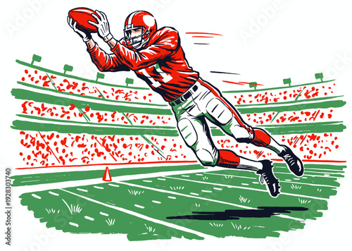 Dynamic American football player illustration. Athlete making incredible catch. Action-packed game vector art. Vintage sports graphic.