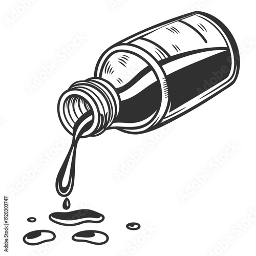 Black liquid pouring from bottle transparent background