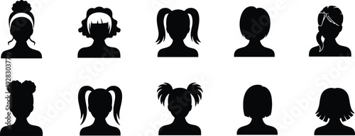 Female silhouette headshots with diverse hairstyles, black and white vector icons, women haircuts and head profiles collection
