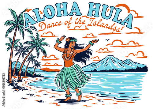 Hawaii Hula dance illustration. Tropical island travel poster. Vintage beach scene graphic. Palm trees, ocean, mountain backdrop. Aloha culture art.