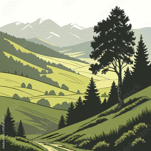 Green hillside with trees and mountains in background