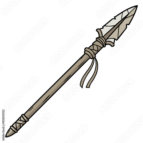 Prehistoric spear with stone tip and leather wrapping