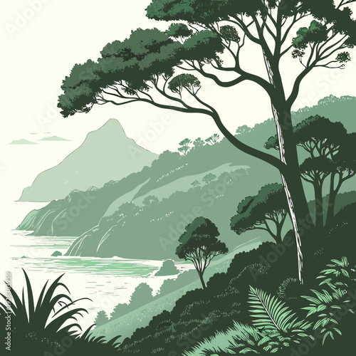 Green monochrome of a coastal landscape with trees and mountains