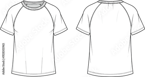 Blank raglan short sleeve t shirt technical fashion flat sketch vector illustration template front and back view for clothing apparel