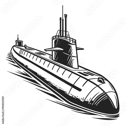 Black and white of a submarine naval underwater boat