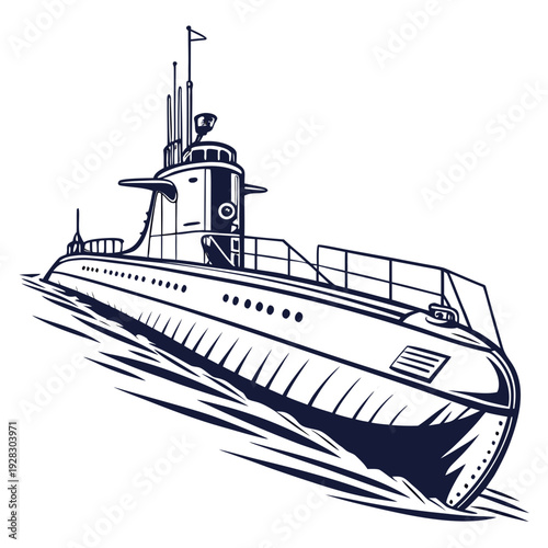 Navy submarine with flag on moving through water underwater vessel