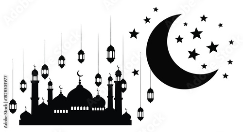 A striking black silhouette depicts a crescent moon stars mosque and lanterns evoking ramadan spirit silhouette high quality