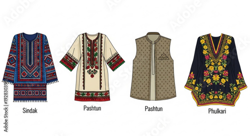 Collection of traditional clothing items with intricate embroidery and patterns displayed against a white background including tunics and dresses with various designs
