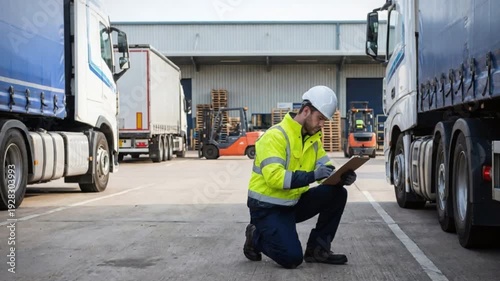 Logistics professional, clad in safety vest hard hat, scrutinizes shipping documents near parked trucks at vibrant transportation hub, ensuring warehouse operations meet stringent industry standards