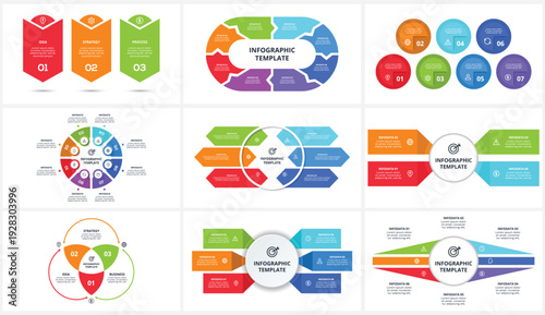 Set infographic with 3, 4, 5, 6 steps, options, parts or processes. Business data visualization.