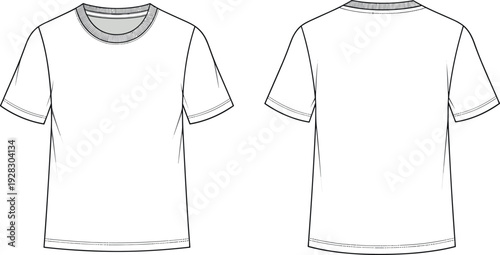 Blank white short sleeve shirt vector mockup template showing front and back views for fashion apparel design flat technical sketch.