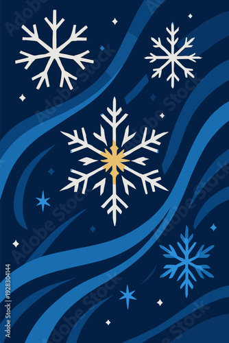 Blue Winter Snow Flake Pattern Over Flowing Wave Ribbons in Midnight Tones