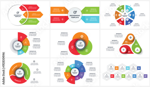 Set infographic with 3, 4, 6, 7, 8 steps, options, parts or processes. Business data visualization.