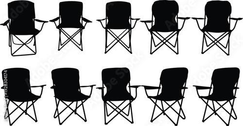 Ten black silhouette of folding camping chairs in various orientations and perspectives folding chair