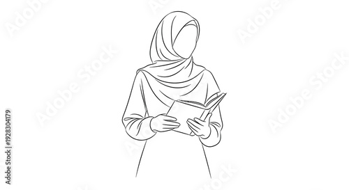 A minimalist line drawing depicts a woman in a headscarf engrossed in reading a book silhouette high quality