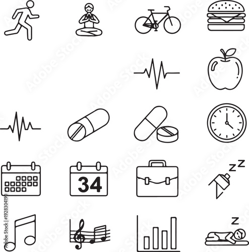 Set of 16 line icons vector, health, fitness, food, time, business, and lifestyle