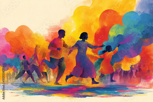 Crowds of people are enjoying Holi by throwing colors at each other and laughing together in a festive location during the spring season. This celebration shows togetherness and joy