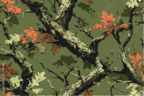 An intricate camouflage pattern inspired by oak tree branches and leaves.Forest camouflage. Tree branches, leaves. Hunting camouflage with oak tree texture. Pattern for clothing, various products.